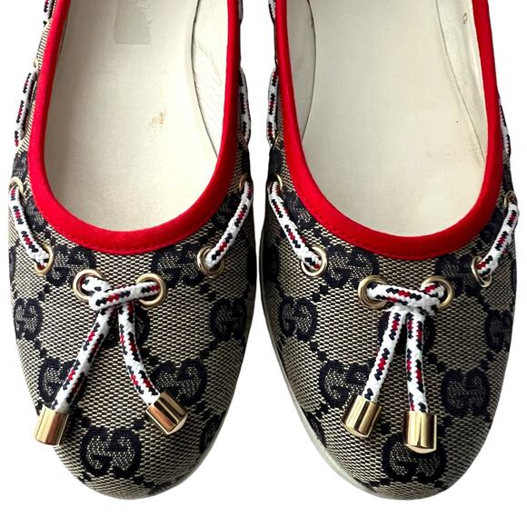 GUCCI GG Signature Logo Monogram Ballerina Flats EU 37 US 7 Navy Red Rope Accent - Picture 4 of 13